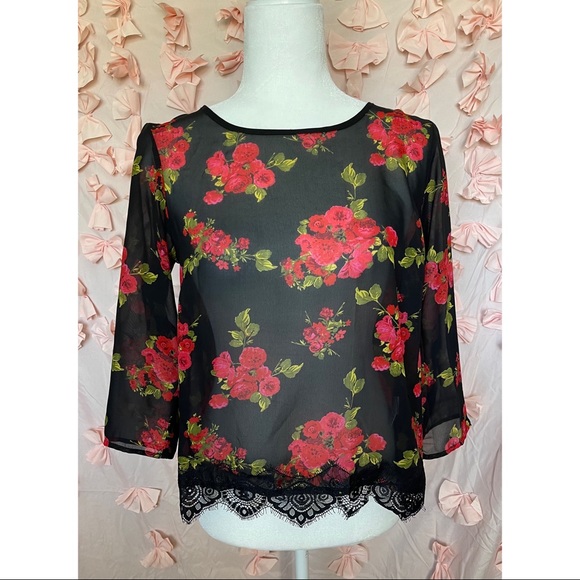 Red flowers on black top, sheer top. - Picture 1 of 2